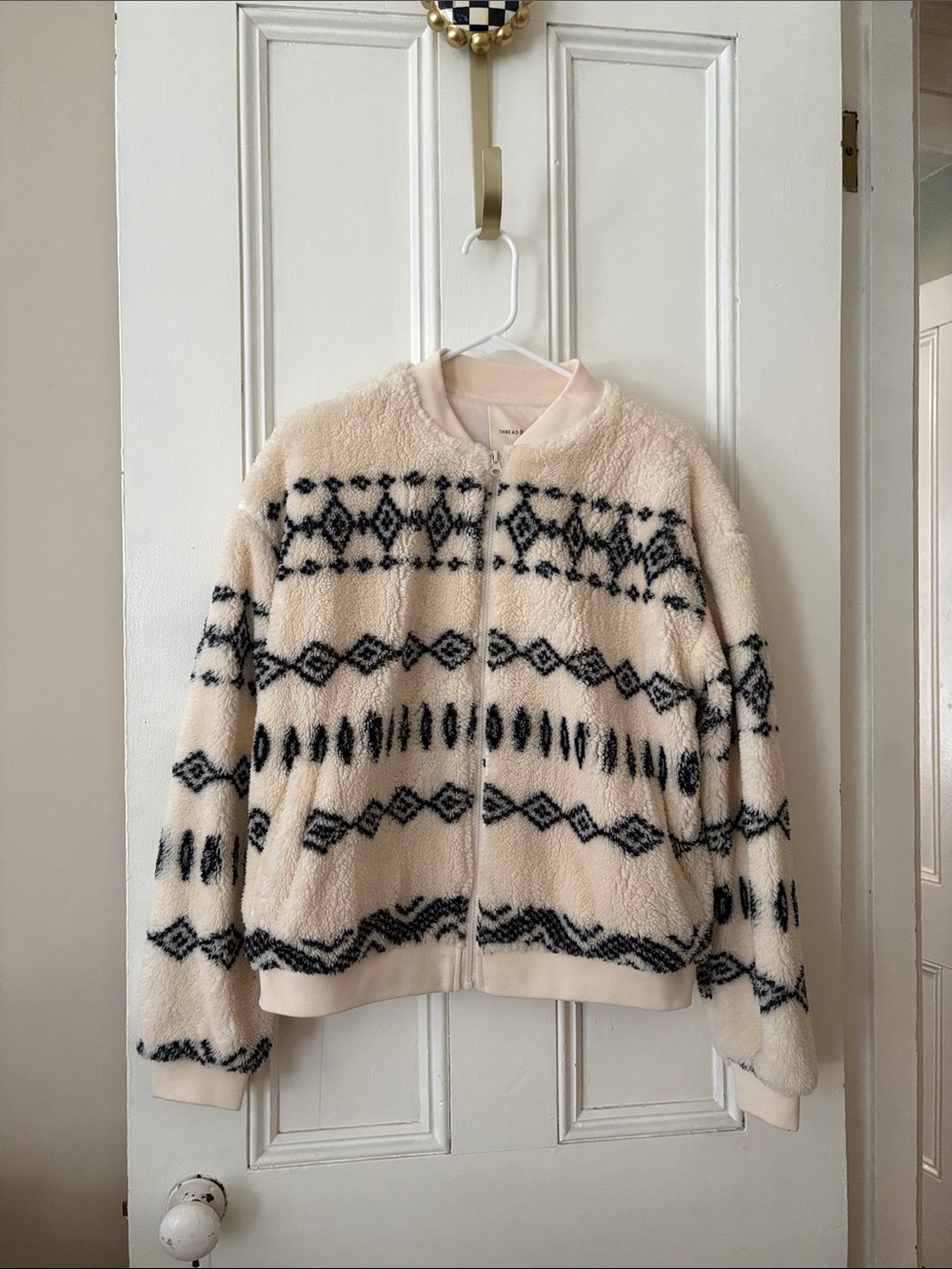 Thread & Supply Cream and Black Patterned Faux-Sherpa Jacket